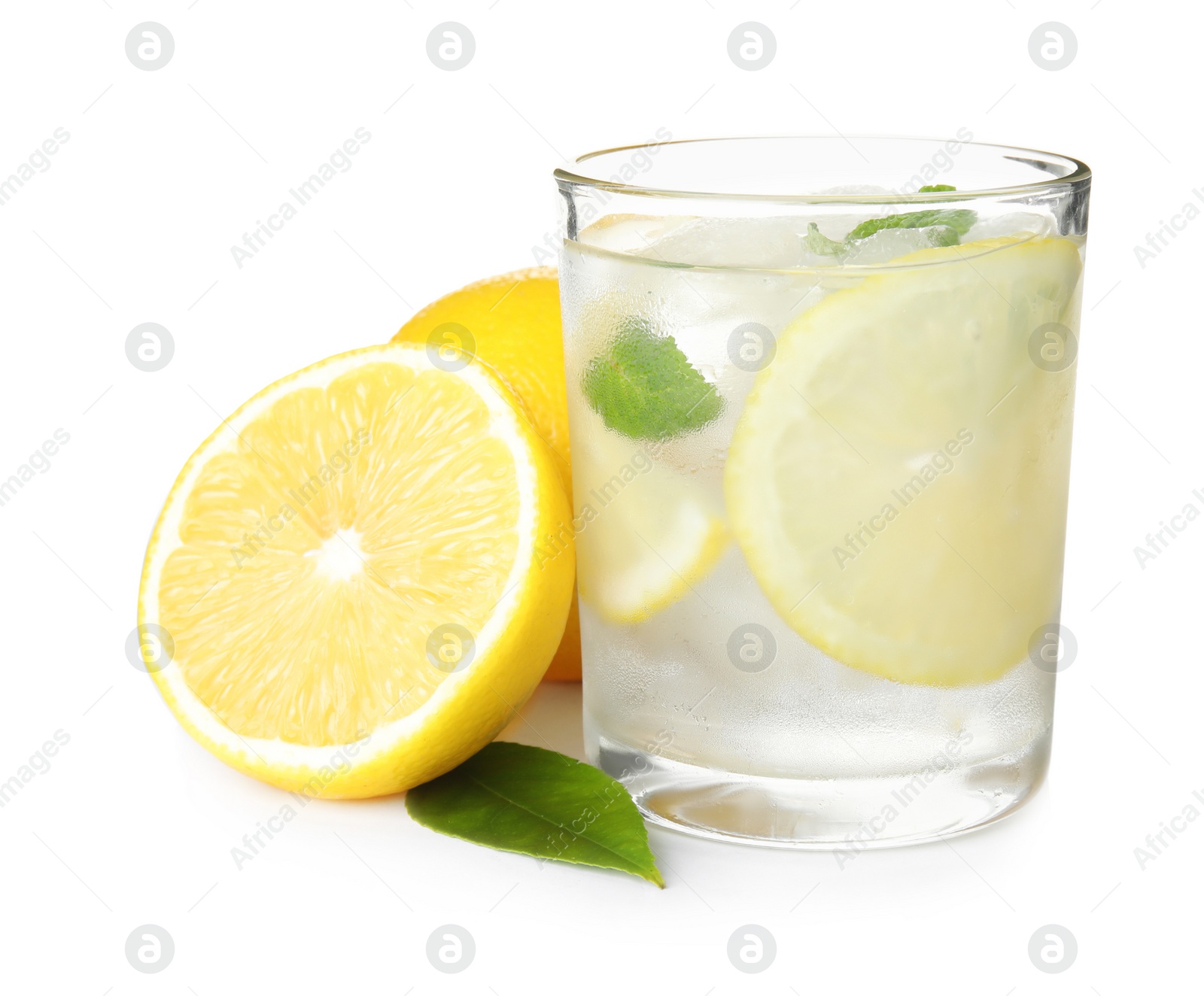 Photo of Cool freshly made lemonade and fruits on white background