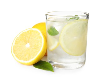 Photo of Cool freshly made lemonade and fruits on white background