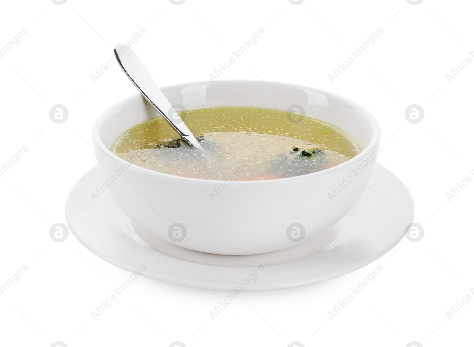 Photo of Tasty soup in bowl isolated on white
