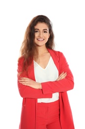 Beautiful young woman in stylish suit on white background