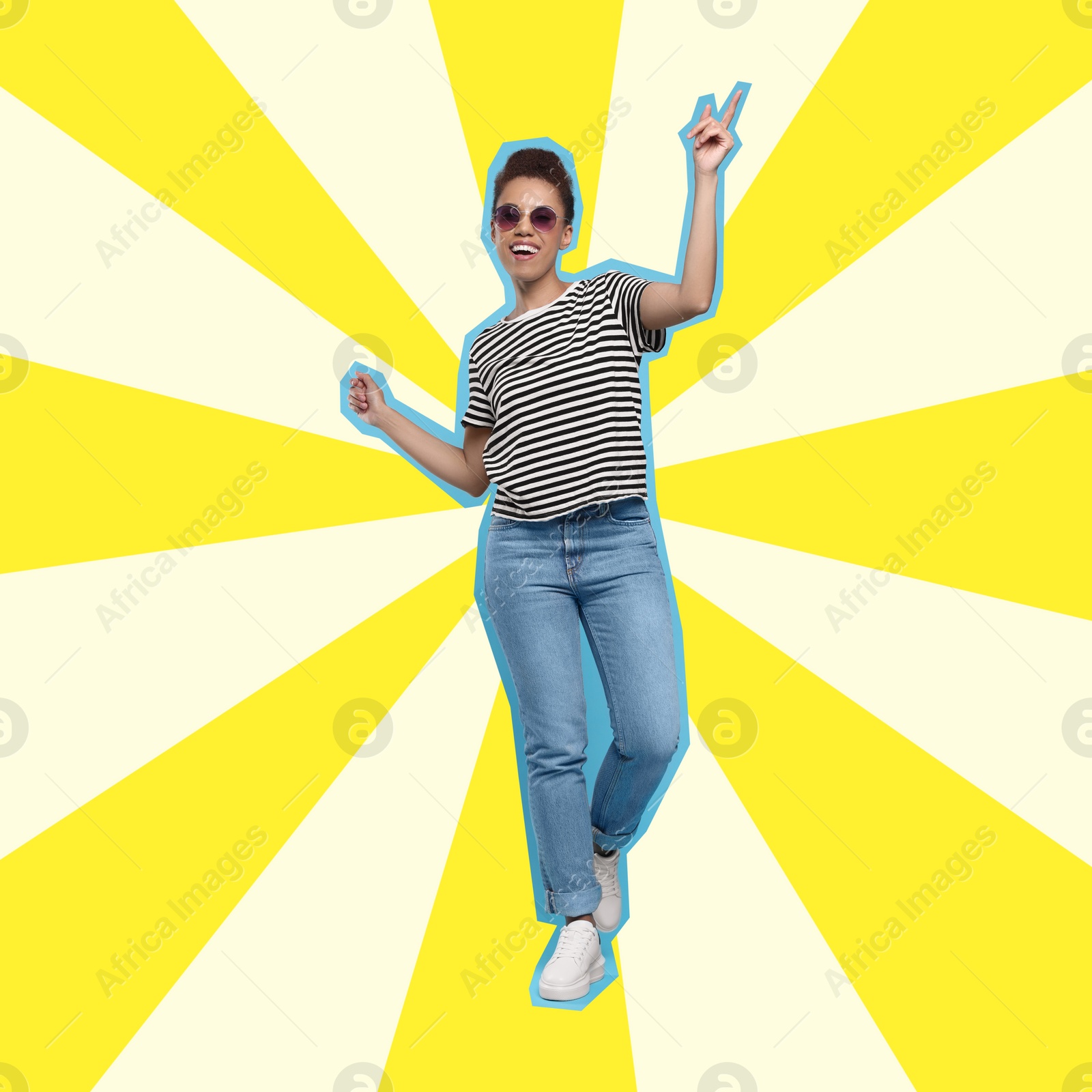 Image of Pop art poster. Happy young woman in sunglasses dancing on color background