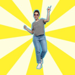 Pop art poster. Happy young woman in sunglasses dancing on color background