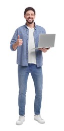 Photo of Happy man with laptop showing thumb up on white background