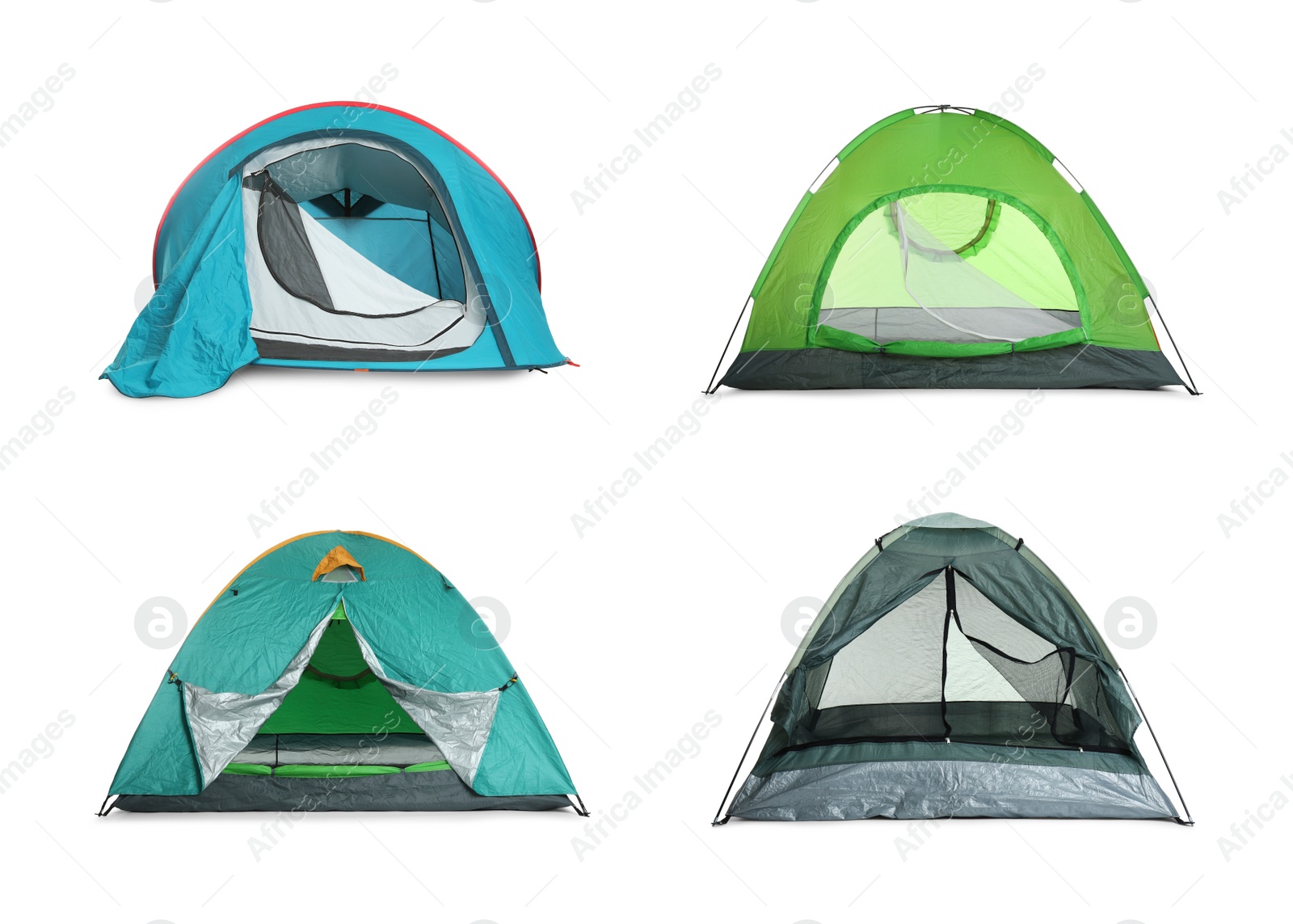 Image of Set with different bright camping tents on white background