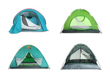 Image of Set with different bright camping tents on white background