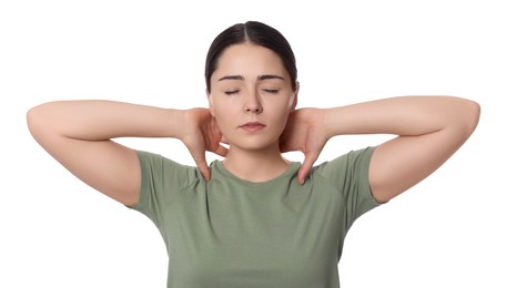 Photo of Woman suffering from pain in neck on white background. Arthritis symptom