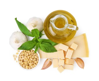 Photo of Different ingredients for cooking tasty pesto sauce isolated on white, top view