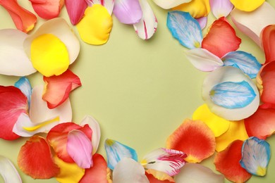 Photo of Frame of beautiful petals on green background, top view. Space for text