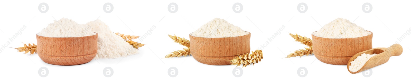 Image of Set with wheat flour on white background. Banner design