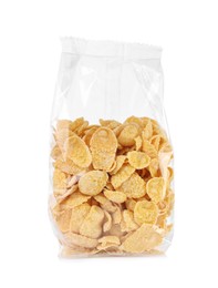 Photo of Package of tasty cornflakes isolated on white. Healthy breakfast cereal