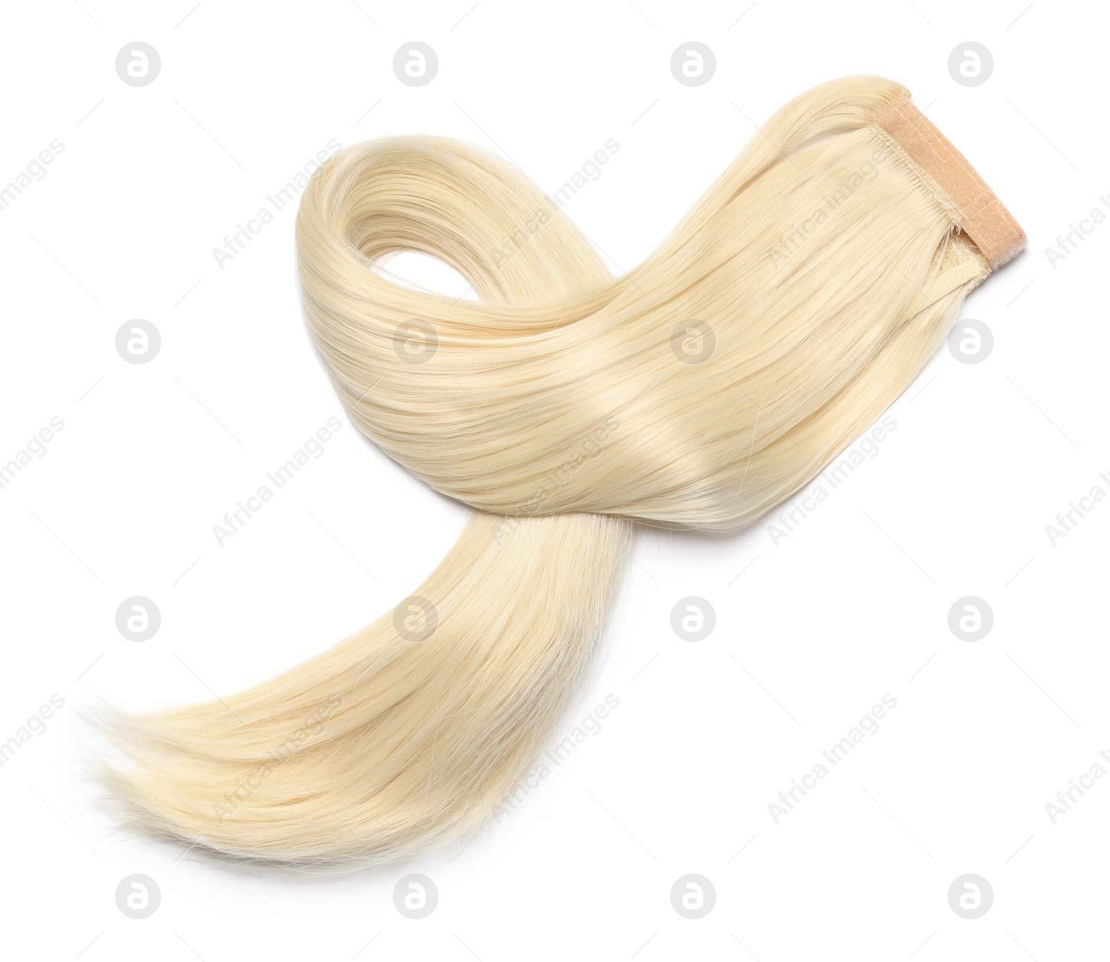 Photo of Lock of beautiful blonde straight hair isolated on white, top view