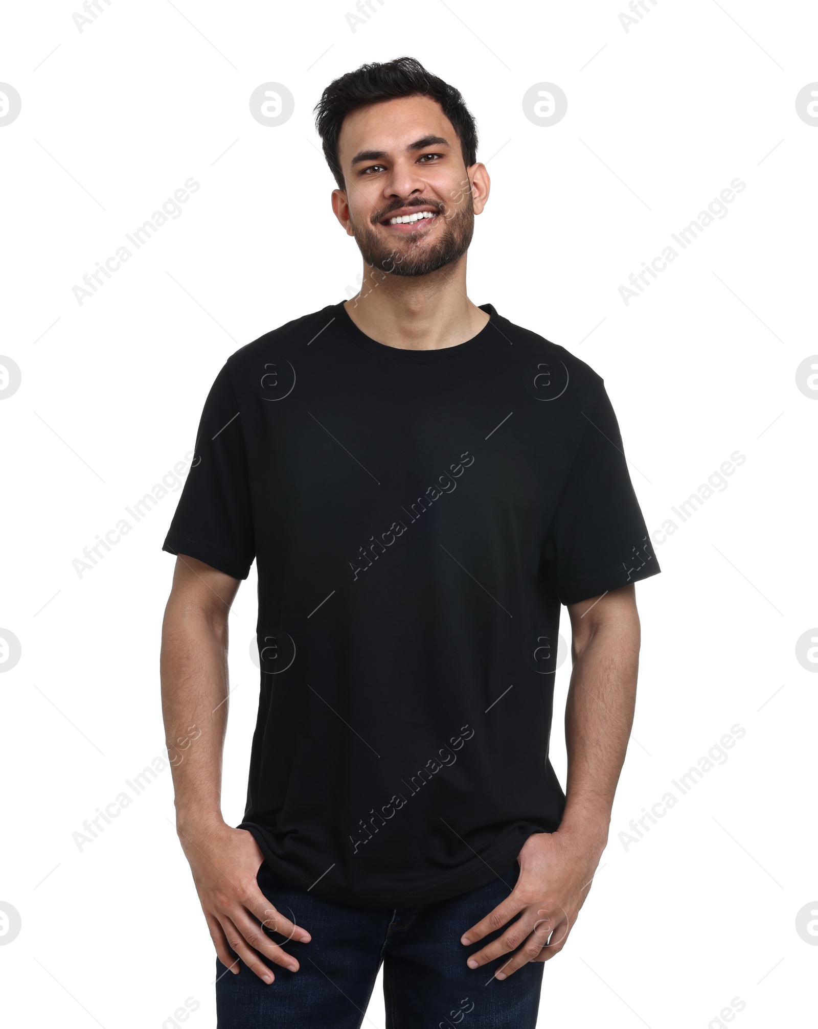 Photo of Smiling man in black t-shirt on white background