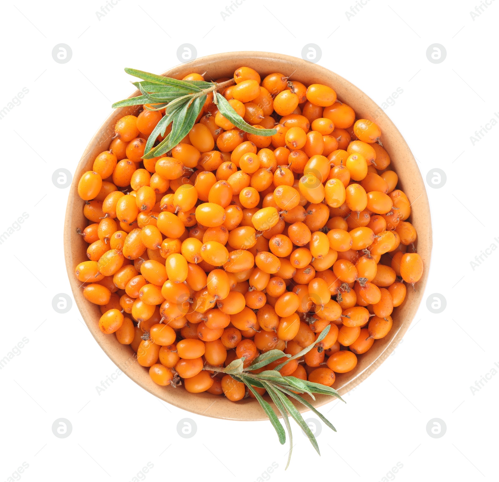 Photo of Fresh ripe sea buckthorn berries in bowl isolated on white, top view