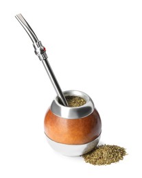 Photo of Calabash with mate tea and bombilla on white background