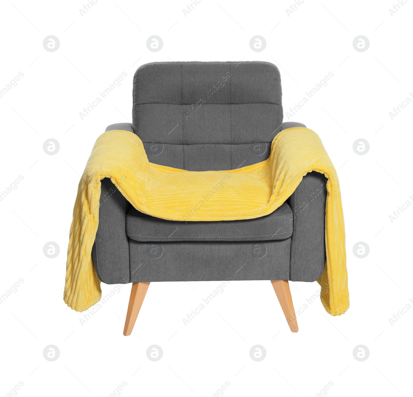 Photo of One grey armchair with blanket isolated on white