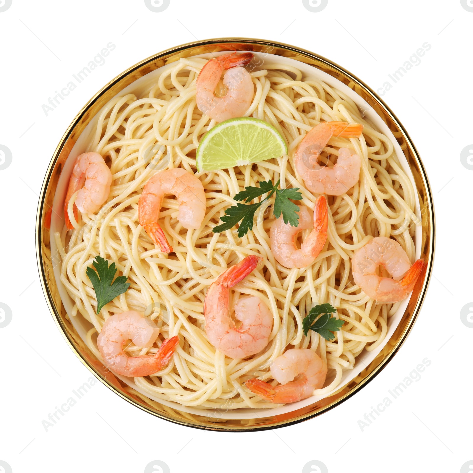 Photo of Tasty spaghetti with shrimps, lime and parsley in bowl isolated on white, top view