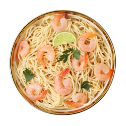 Photo of Tasty spaghetti with shrimps, lime and parsley in bowl isolated on white, top view