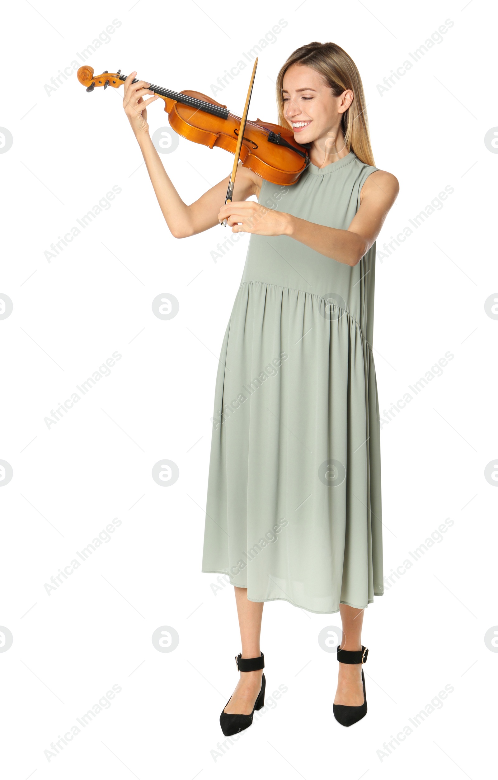 Photo of Beautiful woman playing violin on white background