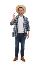 Photo of Harvesting season. Happy farmer showing ok gesture on white background