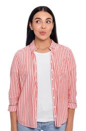 Photo of Embarrassed young woman in shirt on white background