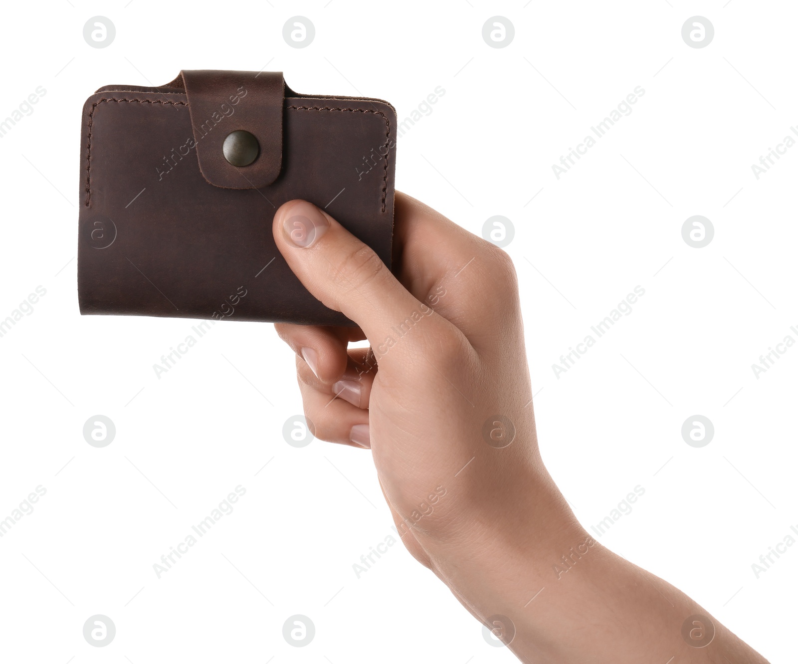 Photo of Man holding leather business card holder on white background, closeup