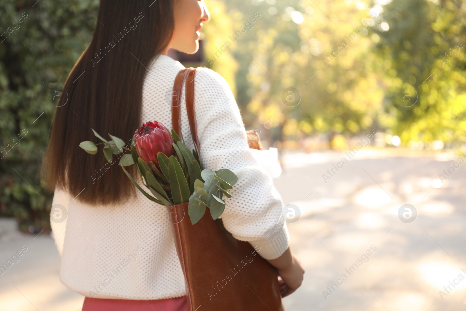Photo of Woman with leather shopper bag in park, closeup