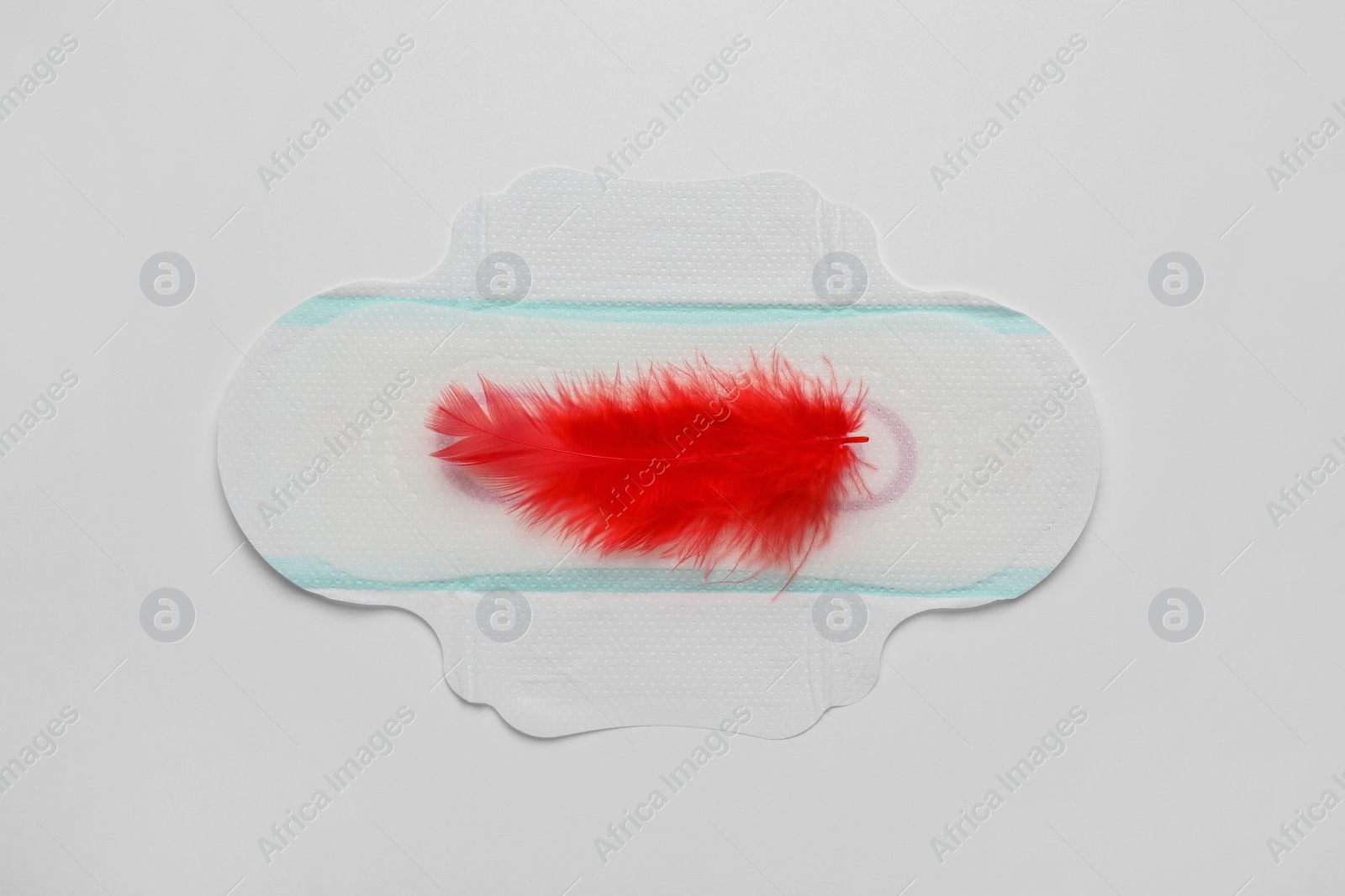 Photo of Menstrual pad with red feather on white background, top view