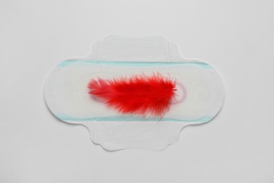 Photo of Menstrual pad with red feather on white background, top view