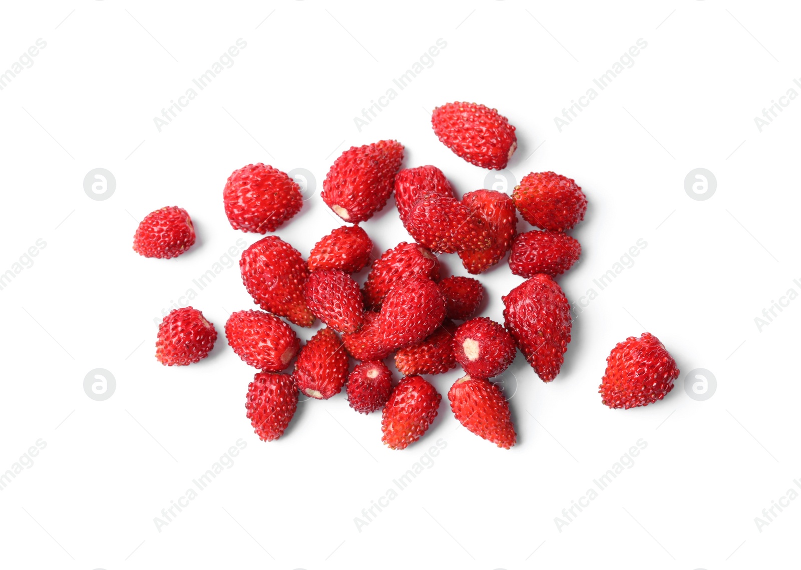 Photo of Ripe wild strawberries isolated on white, top view