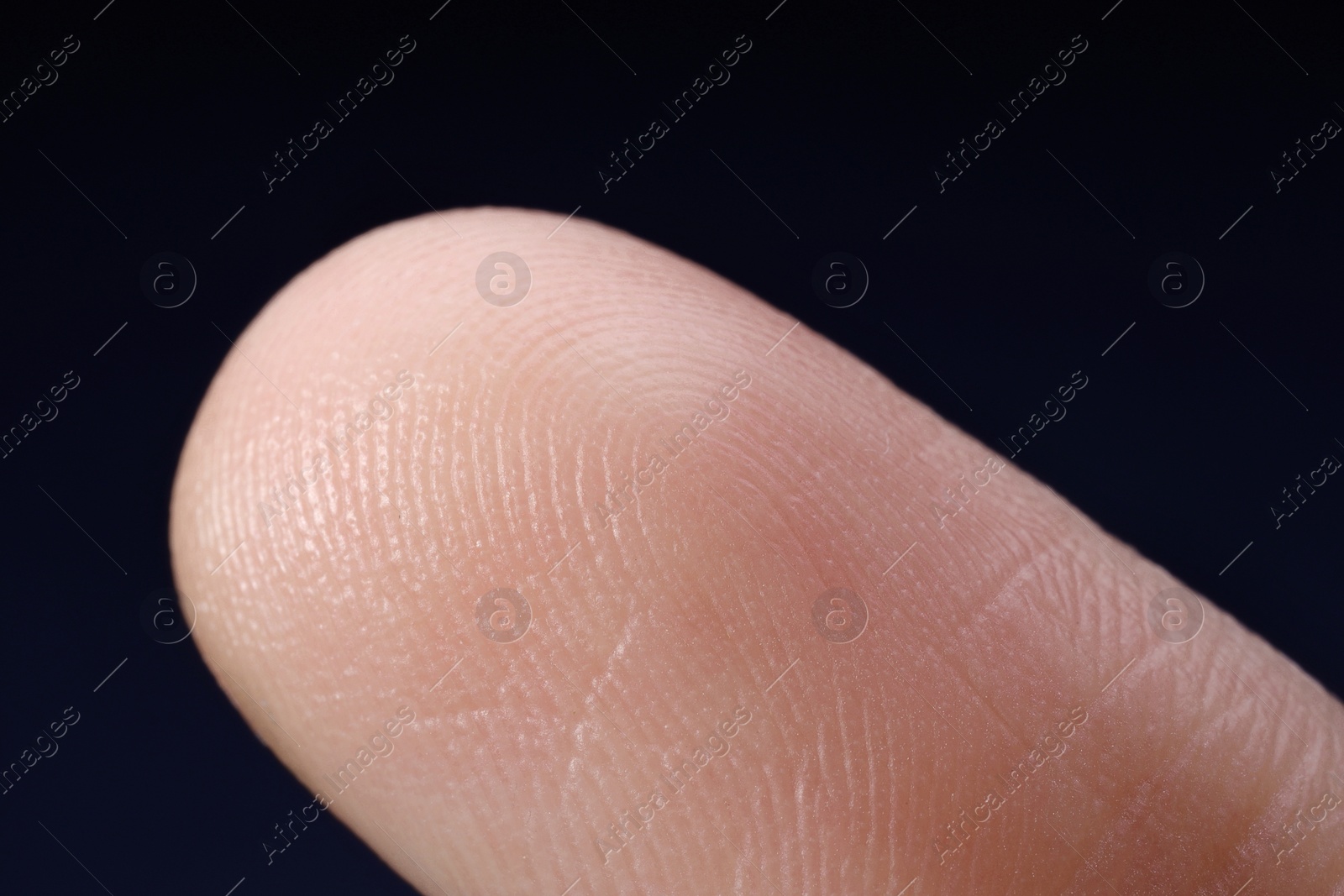 Photo of Finger with friction ridges on dark background, macro view