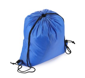 Photo of One blue drawstring bag isolated on white