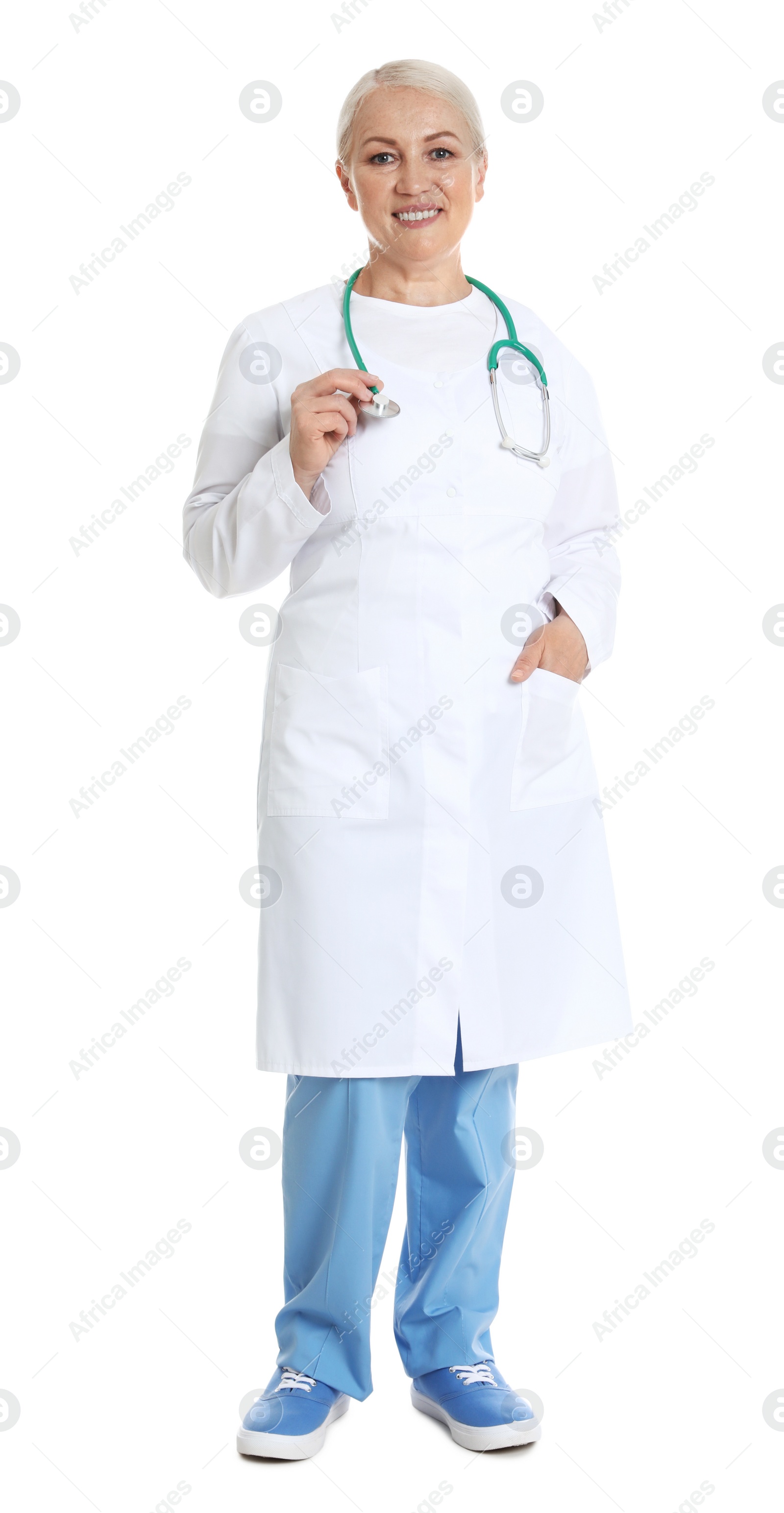 Photo of Full length portrait of female doctor isolated on white. Medical staff