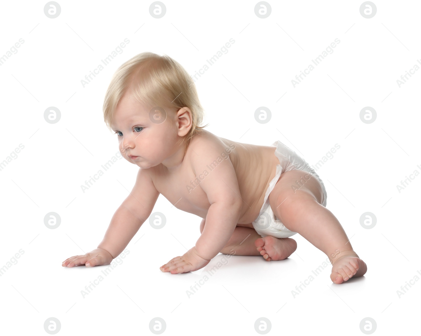 Photo of Cute little baby in diaper on white background