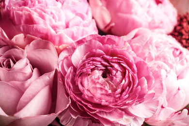 Photo of Beautiful fresh bouquet as background, closeup. Floral decor