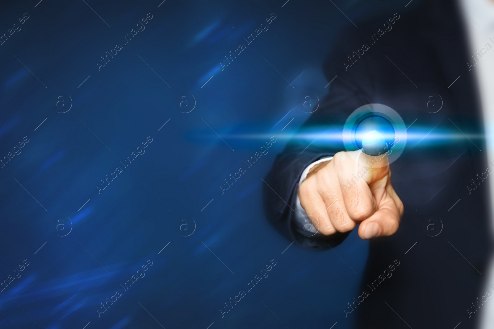 Image of Man pressing button on virtual screen, closeup. Space for text