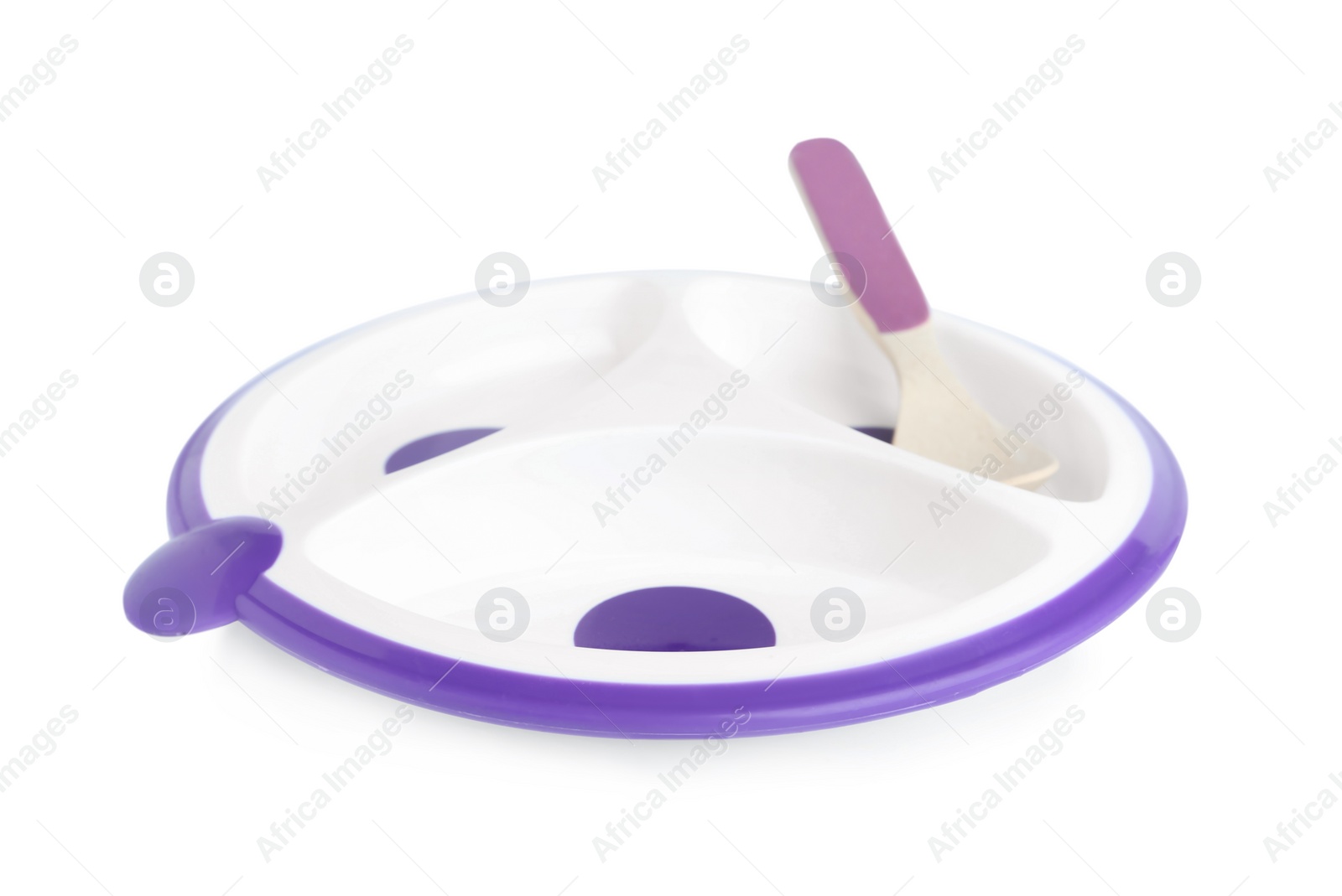Photo of Plastic section plate with spoon isolated on white. Serving baby food