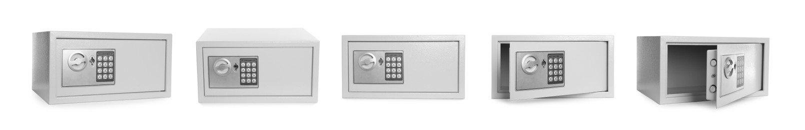 Image of Steel safe on white background, view from different sides