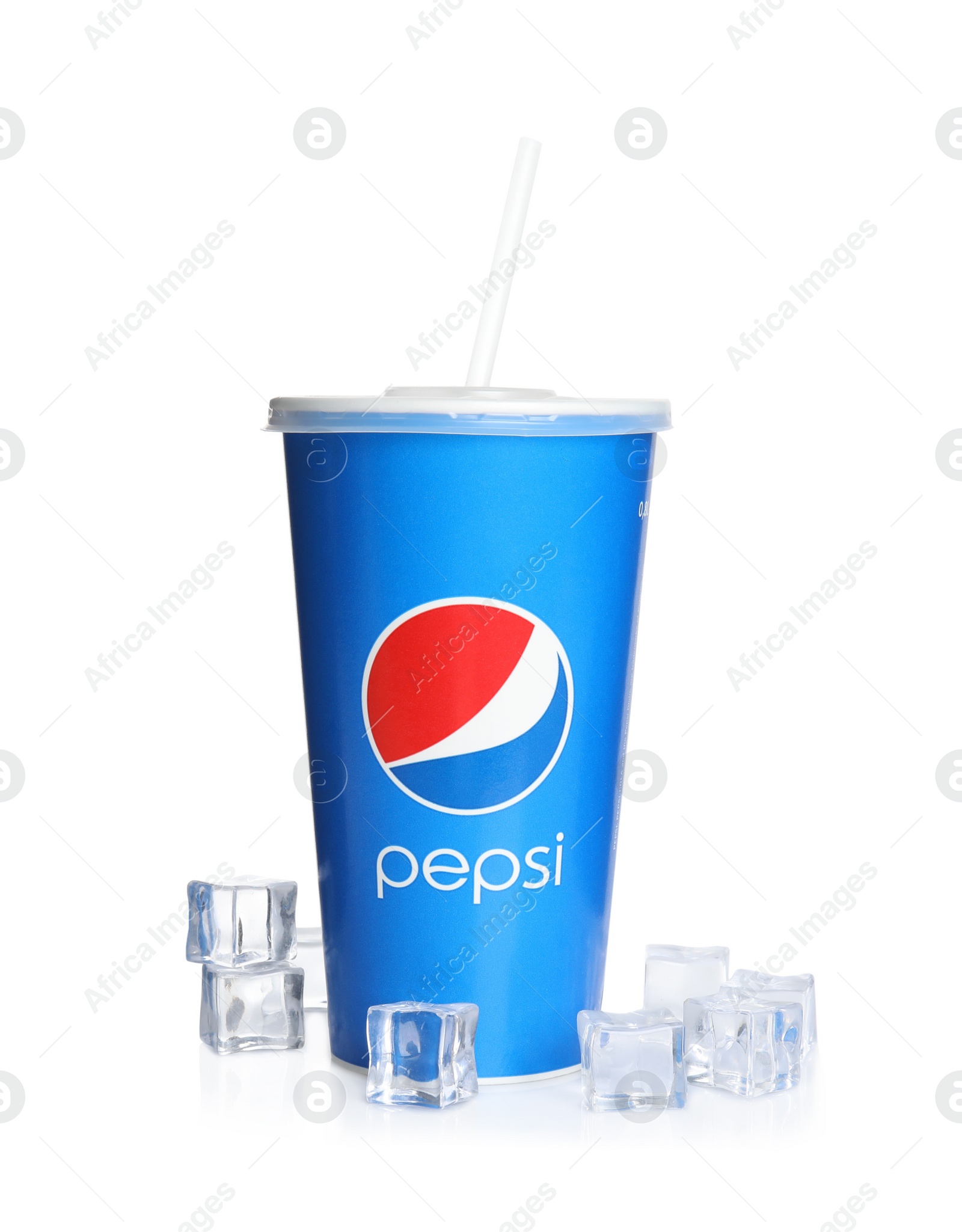 Photo of MYKOLAIV, UKRAINE - JUNE 9, 2021: Paper Pepsi cup with ice cubes isolated on white