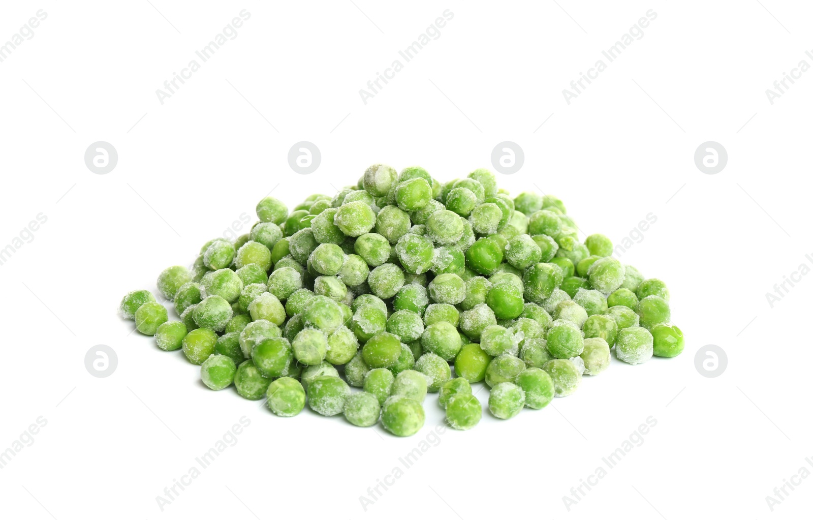 Photo of Pile of frozen peas isolated on white. Vegetable preservation