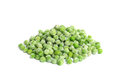 Photo of Pile of frozen peas isolated on white. Vegetable preservation