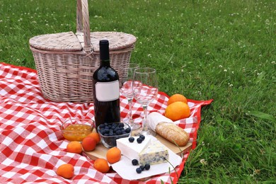 Picnic blanket with delicious food and wine outdoors on summer day