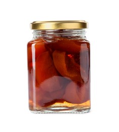 Tasty homemade quince jam in jar isolated on white