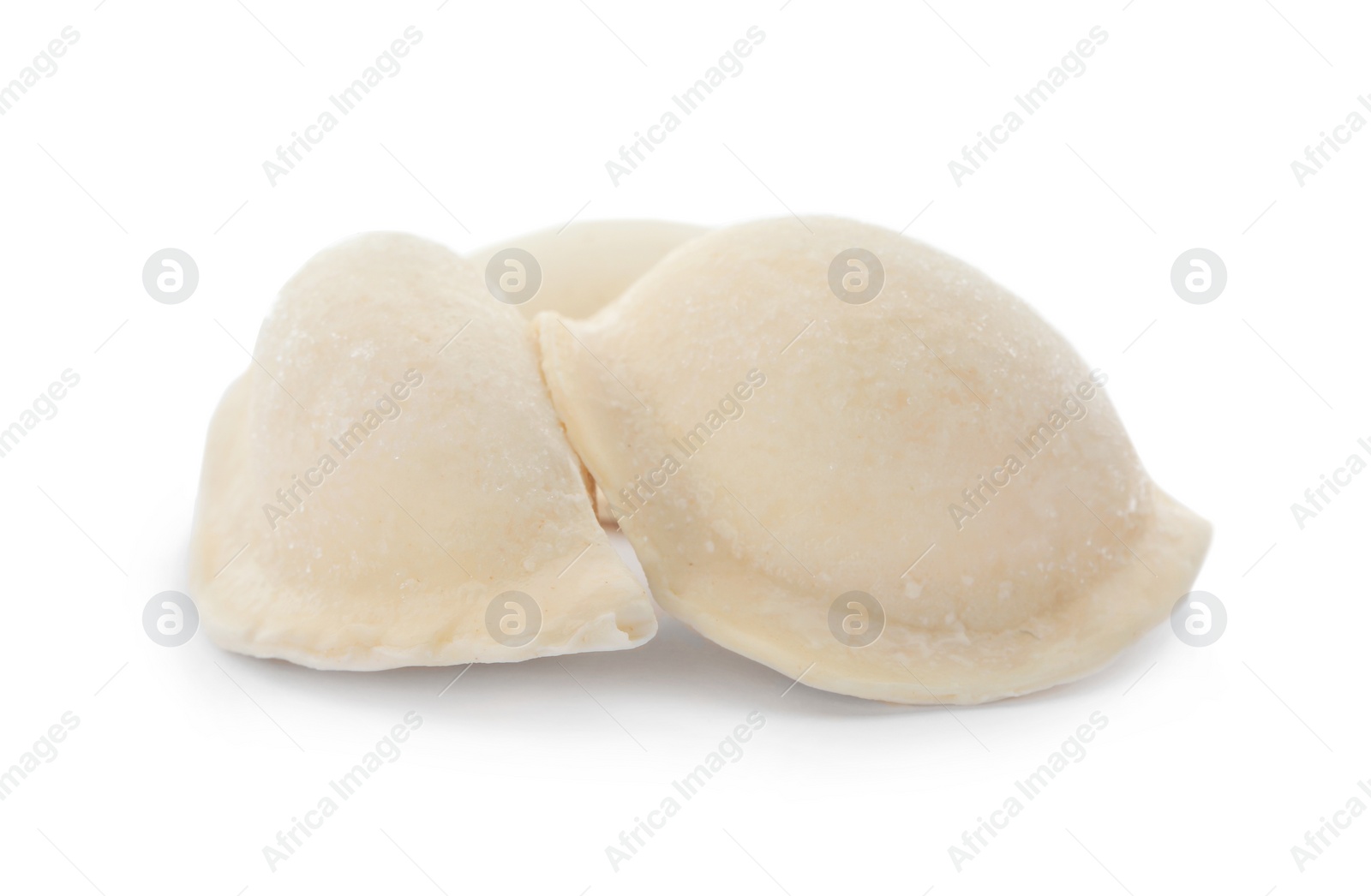 Photo of Raw dumplings with tasty filling on white background