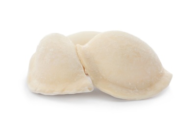 Photo of Raw dumplings with tasty filling on white background