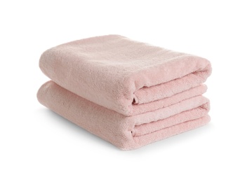 Photo of Stack of clean soft towels on white background