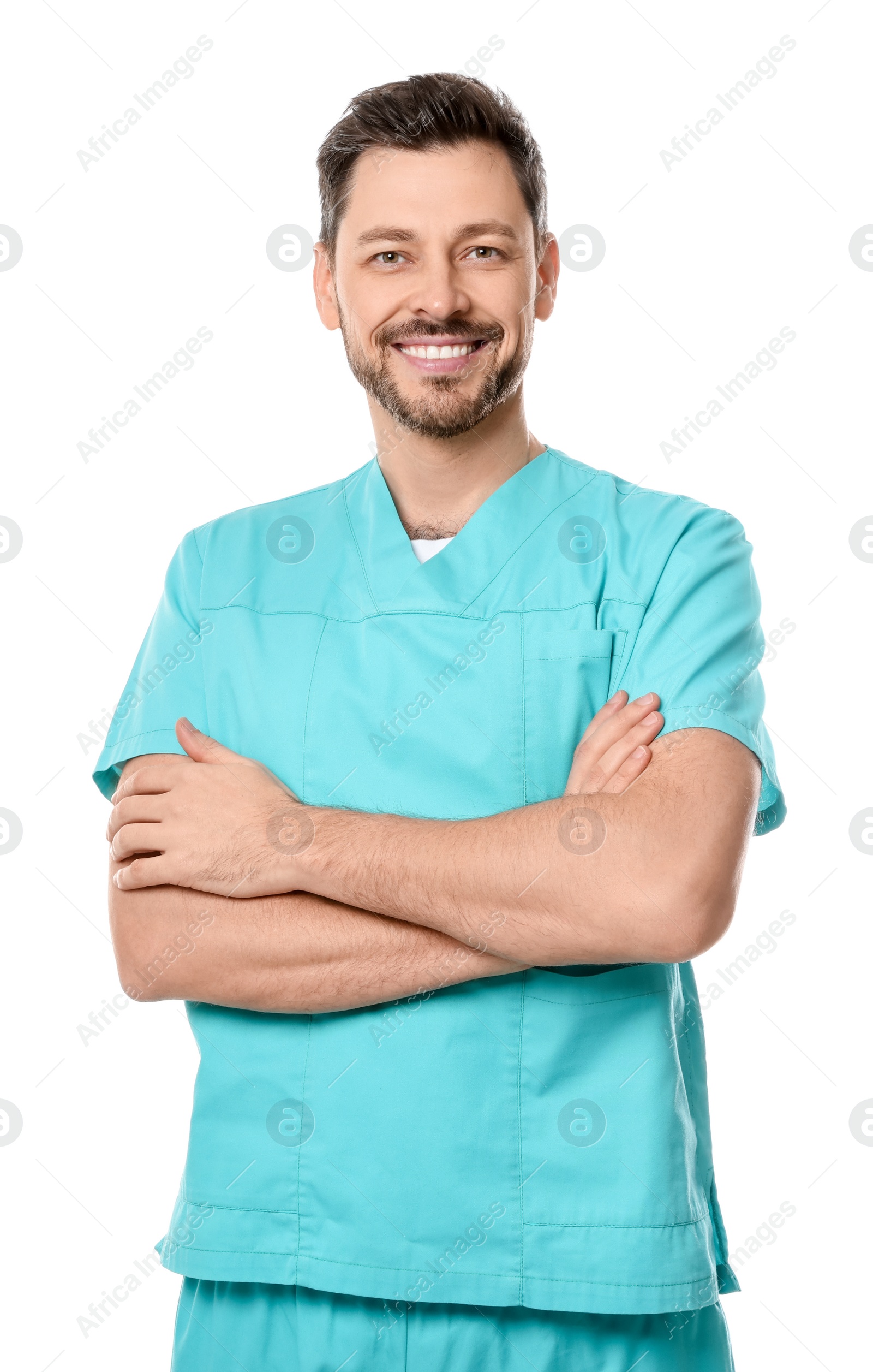 Photo of Doctor or medical assistant (male nurse) in uniform on white background