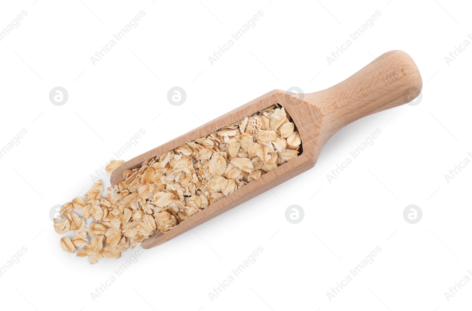 Photo of Wooden scoop of oatmeal isolated on white, top view