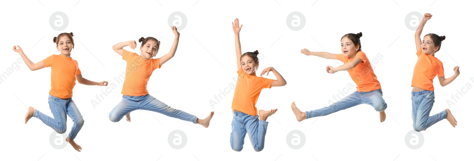 Image of Cute little girl jumping on white background, collage. Banner design