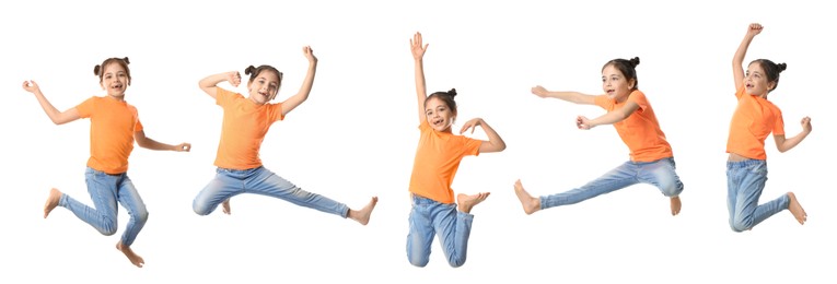 Image of Cute little girl jumping on white background, collage. Banner design