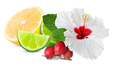 Image of Beautiful hibiscus flower, juicy ripe lemon, lime, rose hip berries and mint on white background